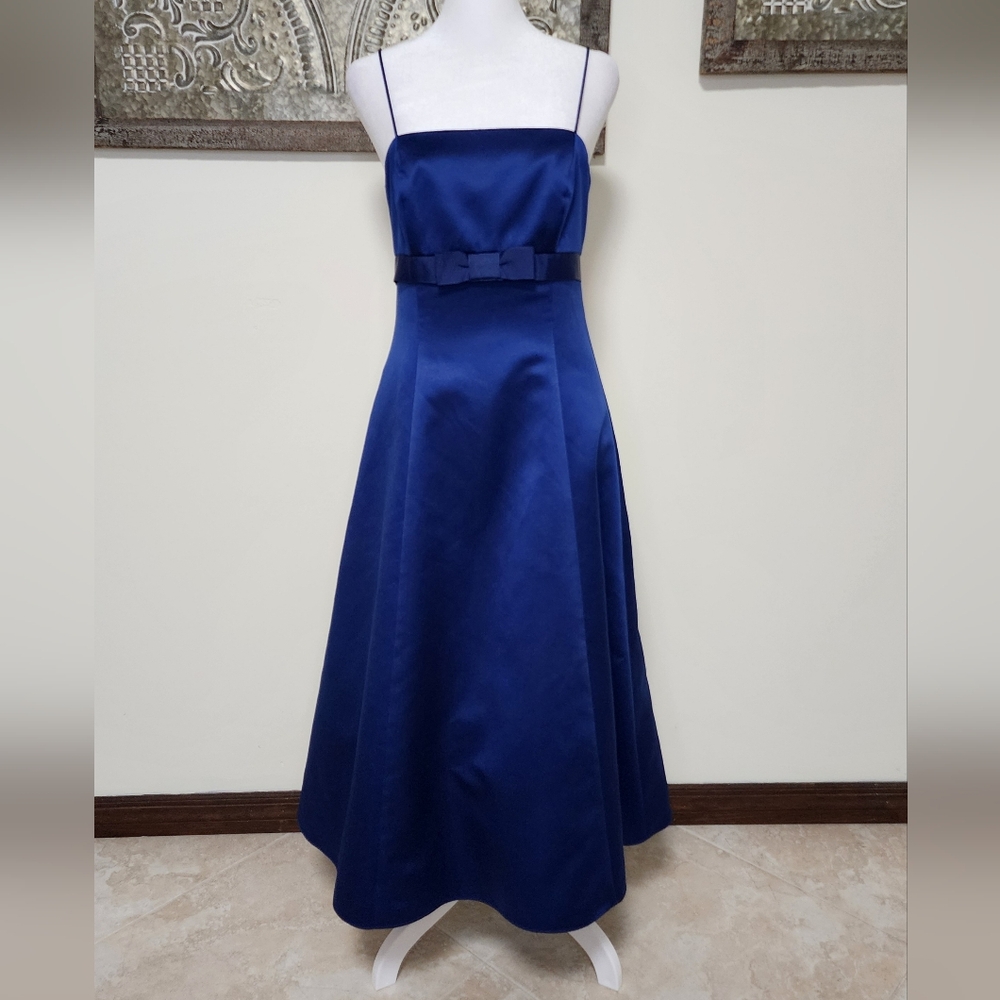Vintage Y2K David's Bridal Sapphire Blue Satin Tea Length Formal Dress Sz4 Party